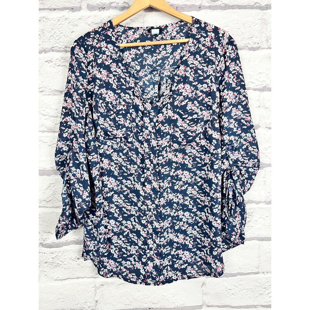 TORRID Women's 1X (1) Navy Blue Floral Boho Cottage‎ Folk Roll Tab Chiffon Top - Picture 2 of 8